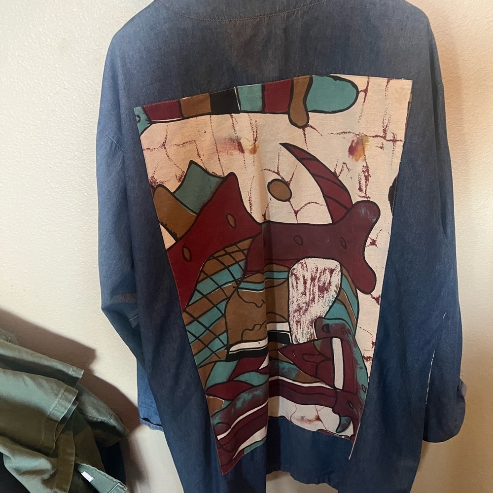 Vintage oversized long denim jacket with African themed print